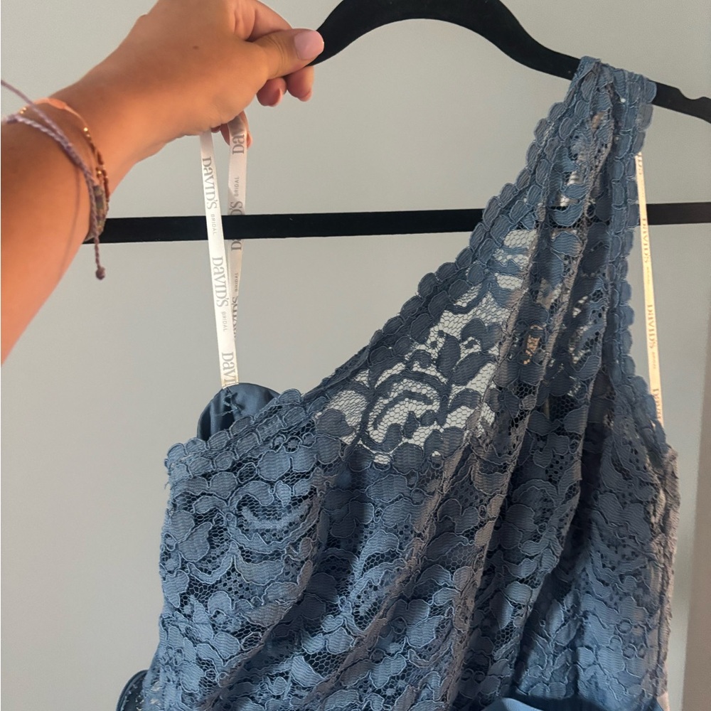 David's Bridal Blue Lace One-Shoulder Dress